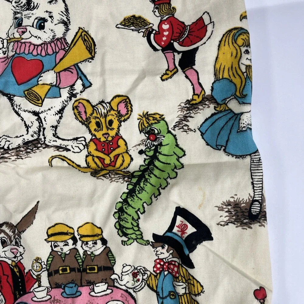 Vintage 1970s Alice in Wonderland Psychedelic Mad Hatter Tea Party Cotton Fabric
